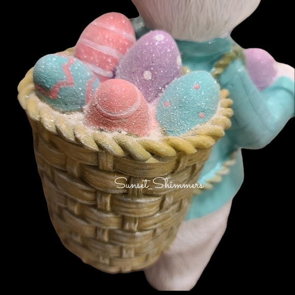 14" Easter Bunny Rabbit w/ Basket of Eggs Pink Pastel Sparkly Spring Decor NEW - Picture 9 of 14